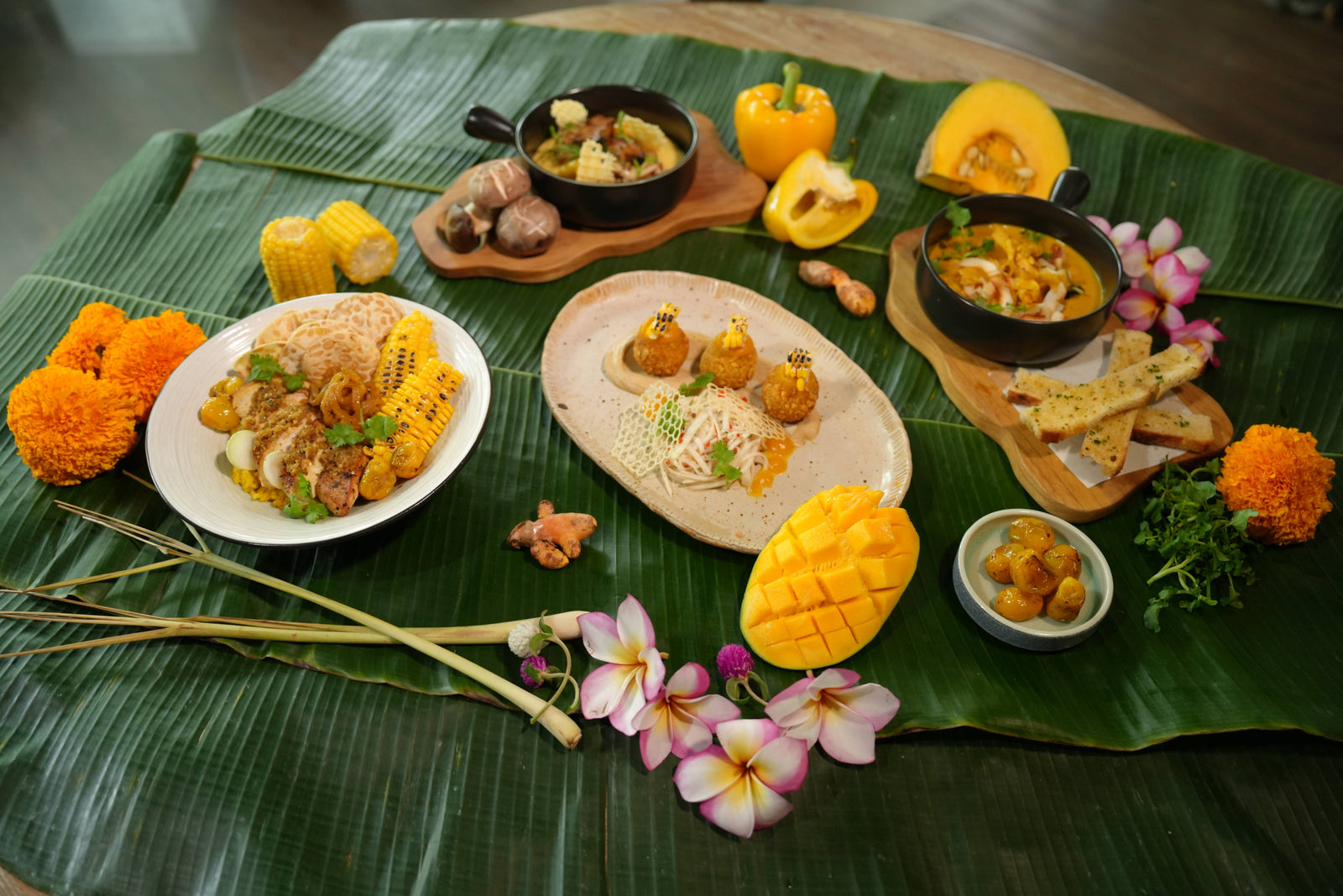 Dishes served on banana leaf